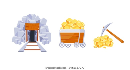 Mining icon set. Gold Mine tools. Pile of Valuable Minerals and Trolley. Retro tunnel. Old mine.