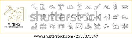 Mining Icon Set. Mining line Icons. Containing fossil, dump, diamond, power, energy, underground, fuel, gold, helmet, jackhammer, machine, equipment,