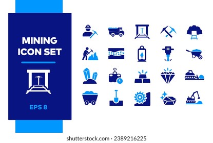 Mining icon set. Miner with pickaxe. Lantern, Oil lamp. Mine Cart. Garden Wheelbarrow, Excavator, Construction, Jackhammer, Coal cave tunnel entrance with railroad, Mining Machine saw, diamond, gold.