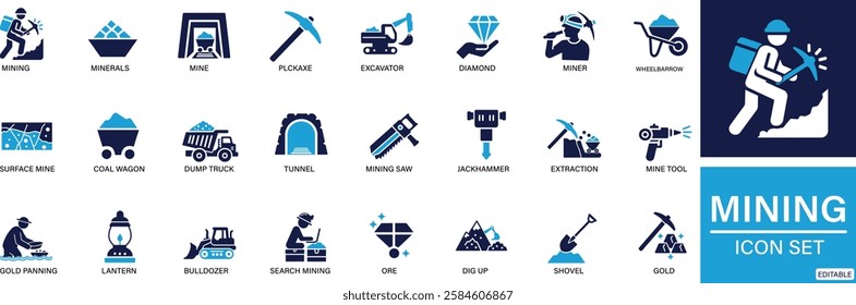 Mining icon set minerals, gold, pickaxe, miner, excavator, diamond, coal wagon, jackhammer You can easily change the color.