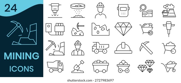 Conjunto de ícones de mineração. Ícone de linha de Contendo minerais, ouro, vagão de carvão, mineiro, escavadora, diamante, marreta e ícones de panning ouro. Ilustração vetorial.