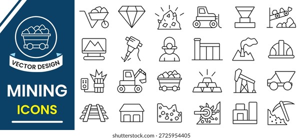 Conjunto de ícones de mineração. Contorno do ícone da linha Mineração e escavação, conjunto de vetores. Ouro, diamante, carvão vagão, óleo, trem, pedra, ícone de linha de traçado editável. Ilustração vetorial.