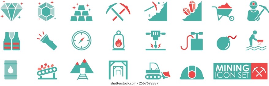 Mining icon set in solid style. Containing minerals, gold, a pickaxe, mine, excavator, a diamond, coal wagon, jackhammer and gold panning icons.