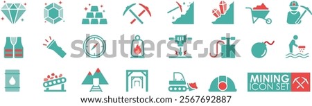 Mining icon set in solid style. Containing minerals, gold, a pickaxe, mine, excavator, a diamond, coal wagon, jackhammer and gold panning icons.