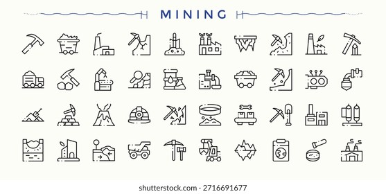 Mining icon set. Trendy minimal icons. Vector artwork and illustration. Underground icon pack. Pictograms of mine, gold, pick, industry and more.