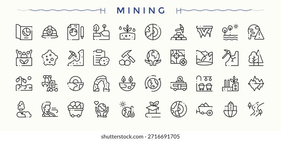 Mining icon set. Underground icon set. Pictograms of miner, industry, underground, mineral, construction, gold, mine and more. Pixel perfect. Vector illustration.