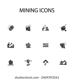 Mining-Symbolsatz.Vektorgrafik.Editierbarer Strich.Lineares Stilzeichen zur Verwendung Webdesign,logo.Symboldarstellung.