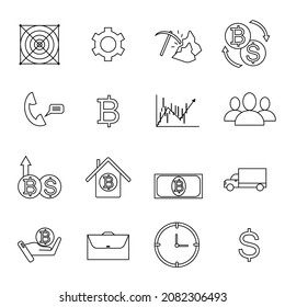 Iconos de minería en el contorno negro sobre fondo blanco