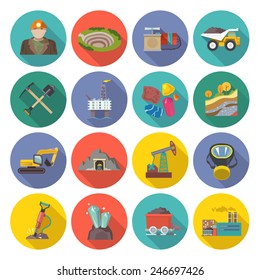 Mining icons flat set with miner hammer truck bulldozer isolated vector illustration