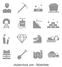 Mining Icons. Gray Flat Design. Vector Illustration. 