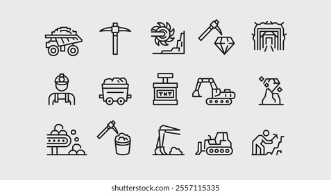 Mining icons. Set of 15 mining trendy minimal icons. Example: Dump Truck, pickaxe, diamond, TNT, excavator icon. Design signs for web page, mobile app, packaging design. Vector illustration. 