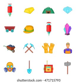 Mining icons set in cartoon style. Quarrying industry set collection vector illustration