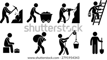 Mining icons set featuring stick figure workers performing various manual labor tasks like digging, carrying, climbing, and lifting heavy loads