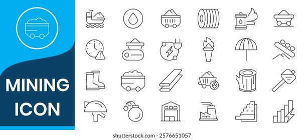 Mining icons. mining trendy minimal icons. Mining web icons in line style. Diamond, gold, mine, ore, pickaxe, coal wagon. Vector illustration.