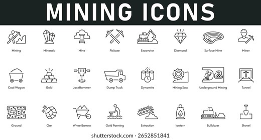 Mineração Icons ilustração vetorial com linha fina editável traço contendo minerais minério de ouro de dinamite de escavadora de minas de carvão de diamante vagão de carvão pá bulldozer lanterna de aterramento túnel de ouro