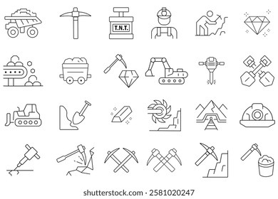 Mining icons, vector set, Mining line icon set. Mining, worker, labor, coal, underground, digging, track, rail and more icons. vector illustration. 