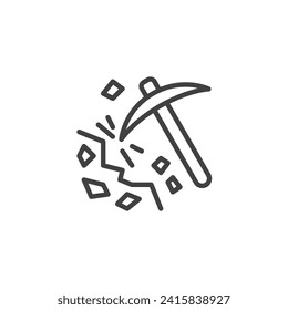 Mining Impact line icon. linear style sign for mobile concept and web design. Mining pickaxe with scattered rocks outline vector icon. Symbol, logo illustration. Vector graphics