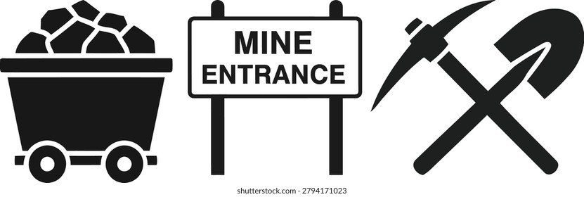 Mining industrial icon set with coal cart mine entrance sign board axe and shovel