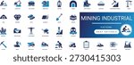 Mining Industrial Solid Icon Set Coal, Gold, Extraction, Machinery, Engineering, Safety, Mineral, Quarry, Excavator Professional Vector Set Editable