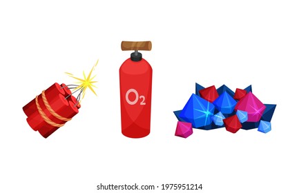 Mining Industrial Tools with Pile of Valuable Minerals and Dynamite Vector Set