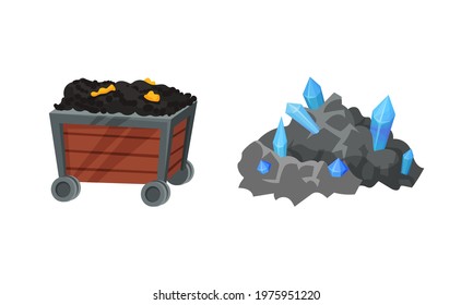 Mining Industrial Tools with Pile of Valuable Minerals and Trolley Vector Set