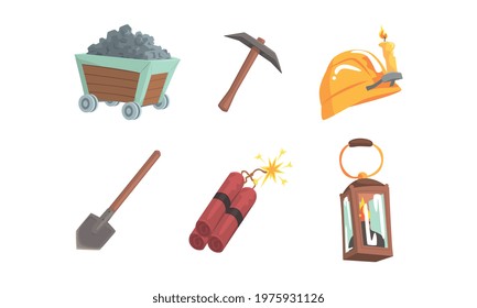 Mining Industrial Tools with Shovel, Pickaxe and Trolley Vector Set
