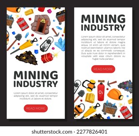 Mining Industry Banner Design with Minerals and Equipment Vector Template