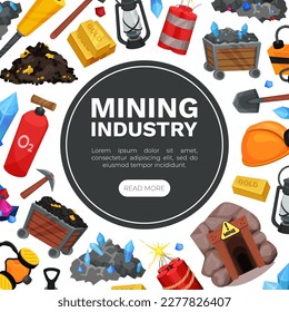 Mining Industry Banner Design with Minerals and Equipment Vector Template