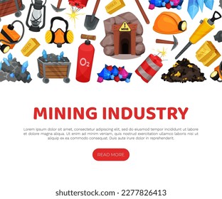 Diseño de pancartas de la industria minera con plantilla de vectores de minerales y equipos