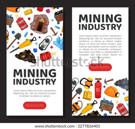 Mining Industry Banner Design with Minerals and Equipment Vector Template