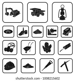 Mining industry black icons in set collection for design. Equipment and tools vector symbol stock web illustration.