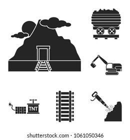 Mining industry black icons in set collection for design. Equipment and tools vector symbol stock web illustration.