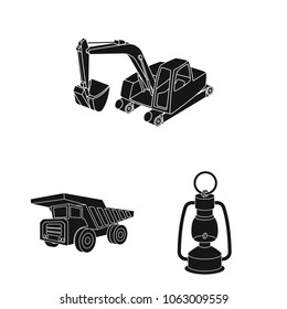 Mining industry black icons in set collection for design. Equipment and tools vector symbol stock web illustration.