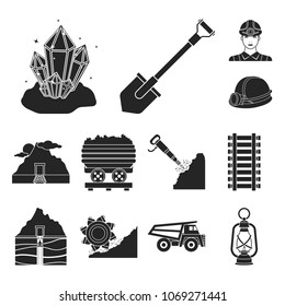 Mining industry black icons in set collection for design. Equipment and tools vector symbol stock web illustration.