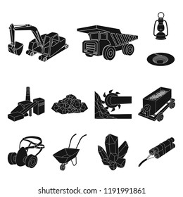 Mining industry black icons in set collection for design. Equipment and tools vector symbol stock web illustration.