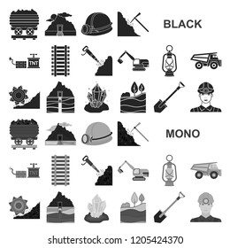 Mining industry black icons in set collection for design. Equipment and tools vector symbol stock web illustration.