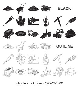 Mining industry black icons in set collection for design. Equipment and tools vector symbol stock web illustration.
