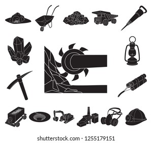 Mining industry black icons in set collection for design. Equipment and tools vector symbol stock web illustration.