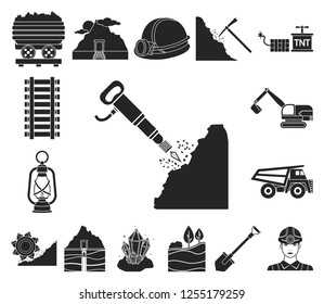 Mining industry black icons in set collection for design. Equipment and tools vector symbol stock web illustration.