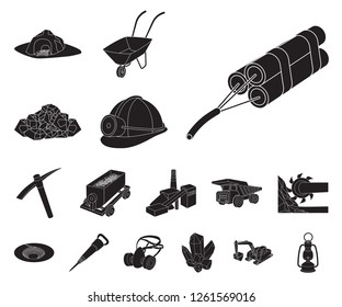 Iconos negros de la industria minera en la colección del sistema para el diseño. Equipo y herramientas símbolo de Vector ilustración de Web de stock.