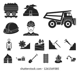 Mining industry black icons in set collection for design. Equipment and tools vector symbol stock web illustration.