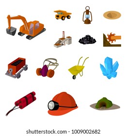 Mining industry cartoon icons in set collection for design. Equipment and tools vector symbol stock web illustration.