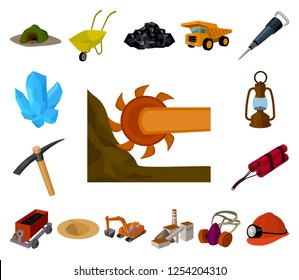 Mining industry cartoon icons in set collection for design. Equipment and tools vector symbol stock web illustration.