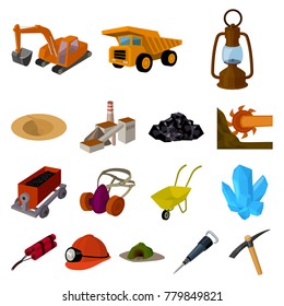 Mining industry cartoon icons in set collection for design. Equipment and tools vector symbol stock web illustration.