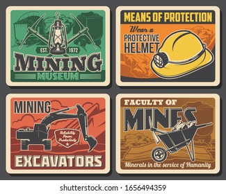 Mining industry coal mine machinery excavators and miner equipment museum vector vintage posters. Miner university and industrial production faculty on metal and iron ore extraction