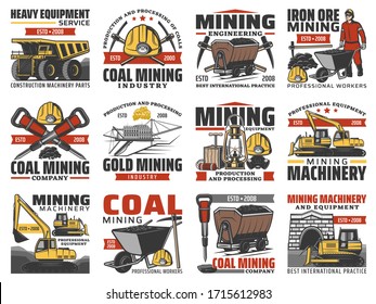 Mining industry, coal mine machinery and miner equipment, vector icons. Coal mining metal and iron ore extraction factory, excavator digger and bulldozer machines, miner jackhammer and wheelbarrow