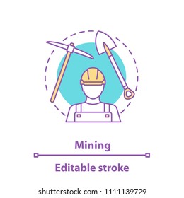 Mining industry concept icon. Minerals extraction idea thin line illustration. Miner, shovel, pickaxe. Vector isolated outline drawing. Editable stroke
