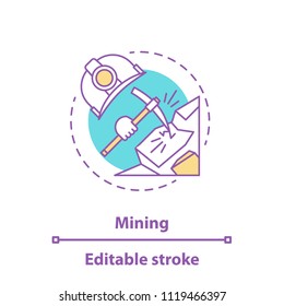 Mining industry concept icon. Minerals extraction idea thin line illustration. Pickaxe breaking rock, industrial safety helmet. Vector isolated outline drawing. Editable stroke
