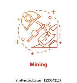 Mining industry concept icon. Minerals extraction idea thin line illustration. Pickaxe breaking rock, industrial safety helmet. Vector isolated outline drawing
