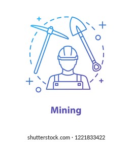 Mining industry concept icon. Minerals extraction idea thin line illustration. Miner, shovel, pickaxe. Vector isolated outline drawing